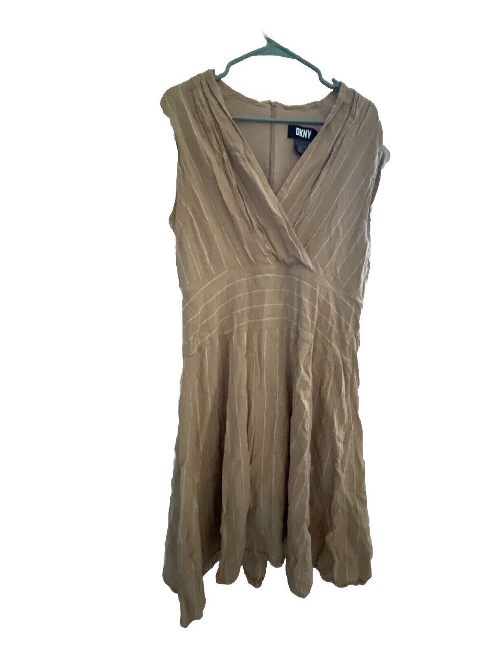 DNKY beige Linen Cotton Blend V Neck Wrap Knee Easter Dress Tie Sz 14 Striped